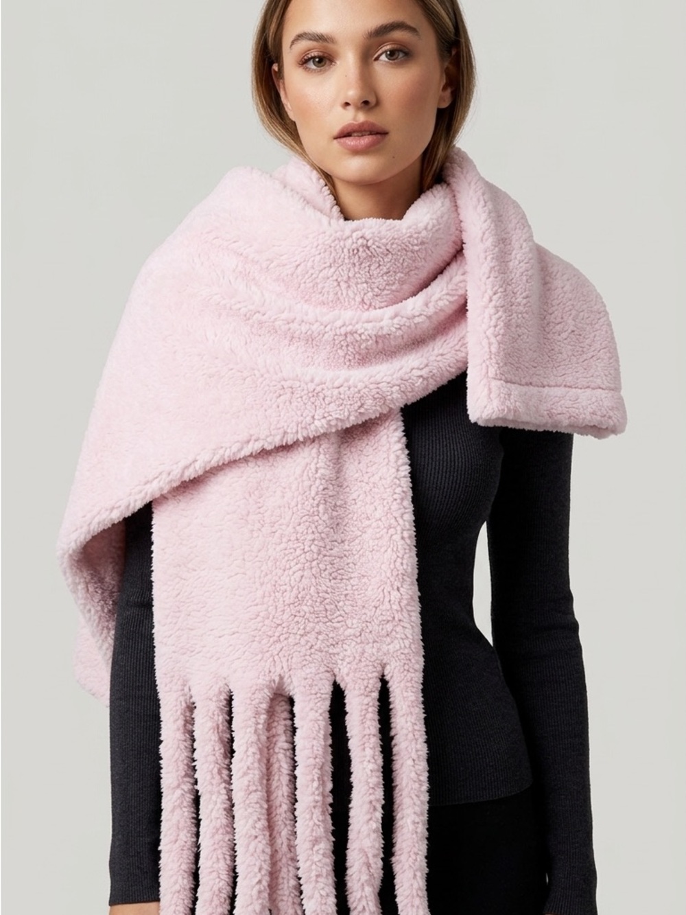 Plush Fringe Wrap Scarf in Soft Pink